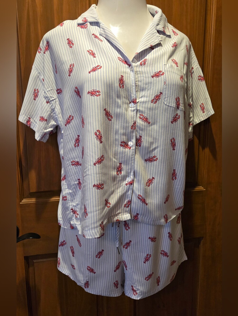 Striped Lobster Short Pajama Set - White & Red